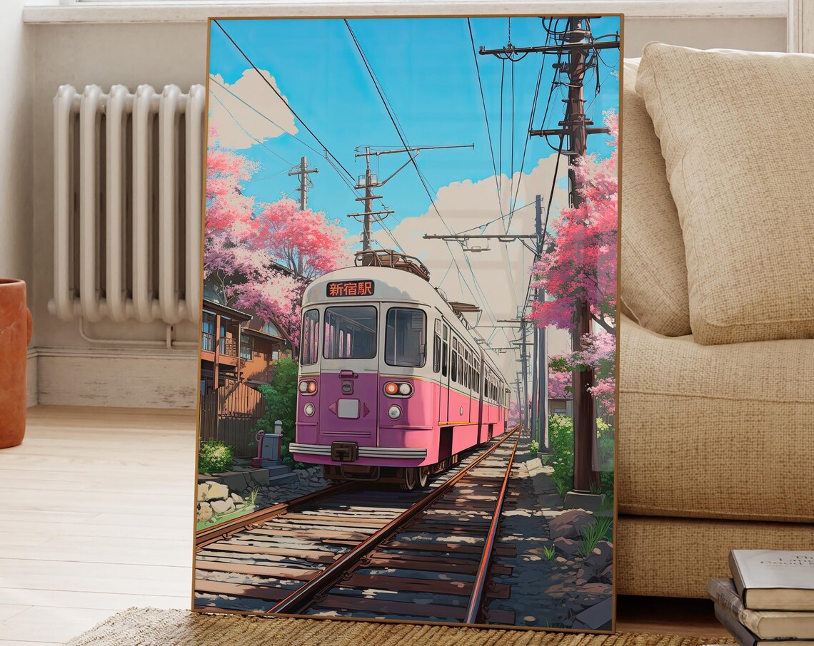 Lofi Anime Pink Train And Cherry Blossoms Art Print