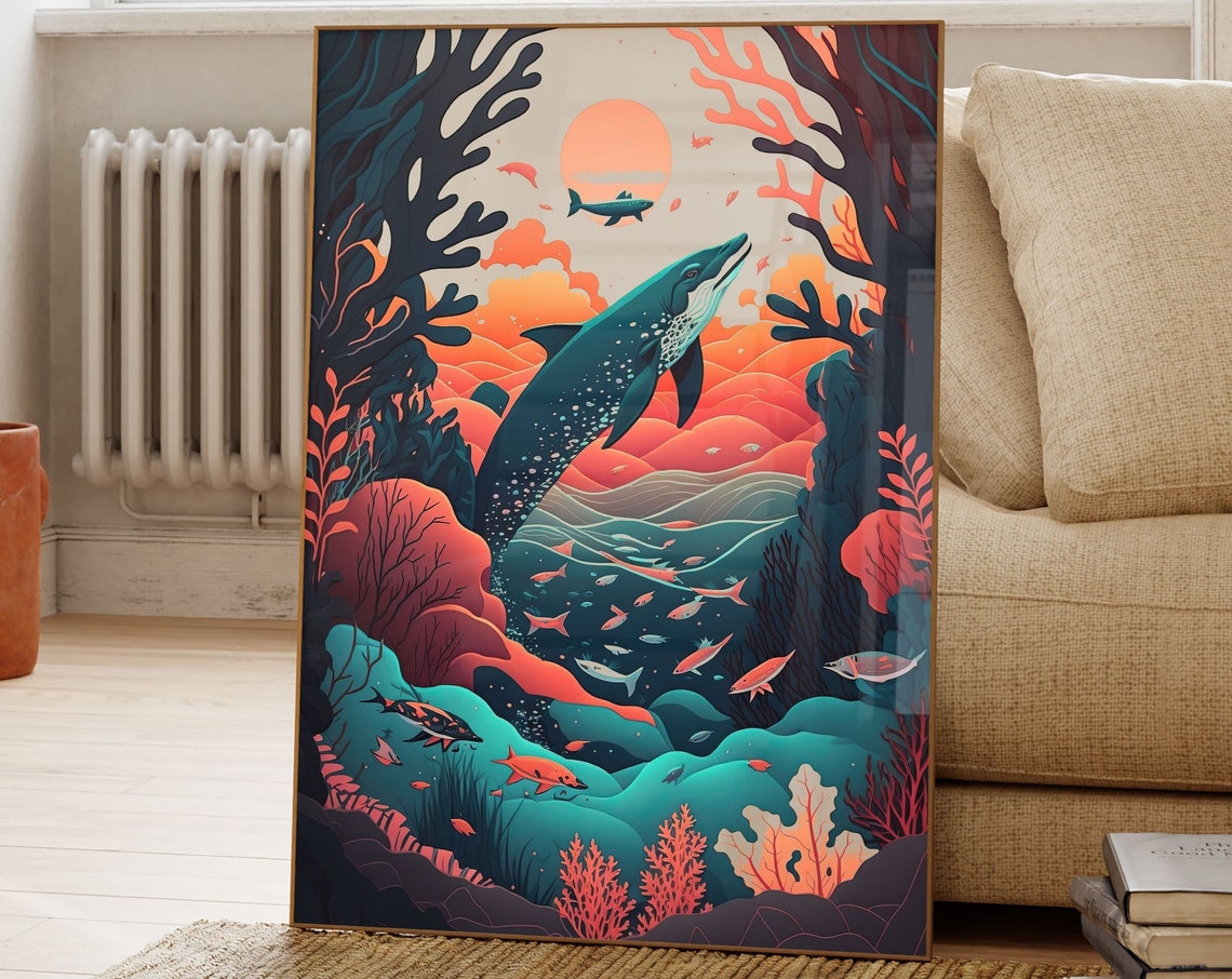 Whale Breaching at Sunset in a Surreal Coral Ocean World Poster - Image 2
