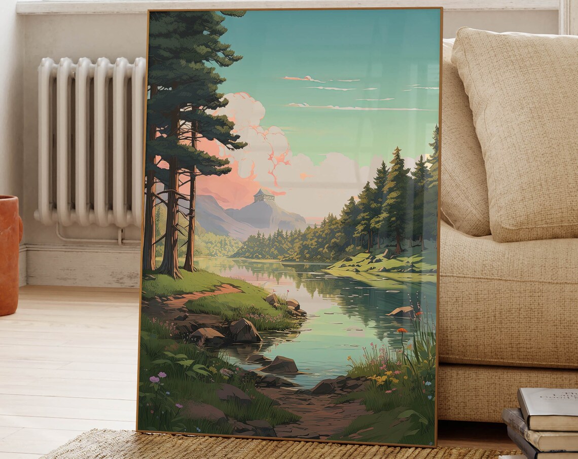 Lofi Anime Forest And Lake Landscape Art Print