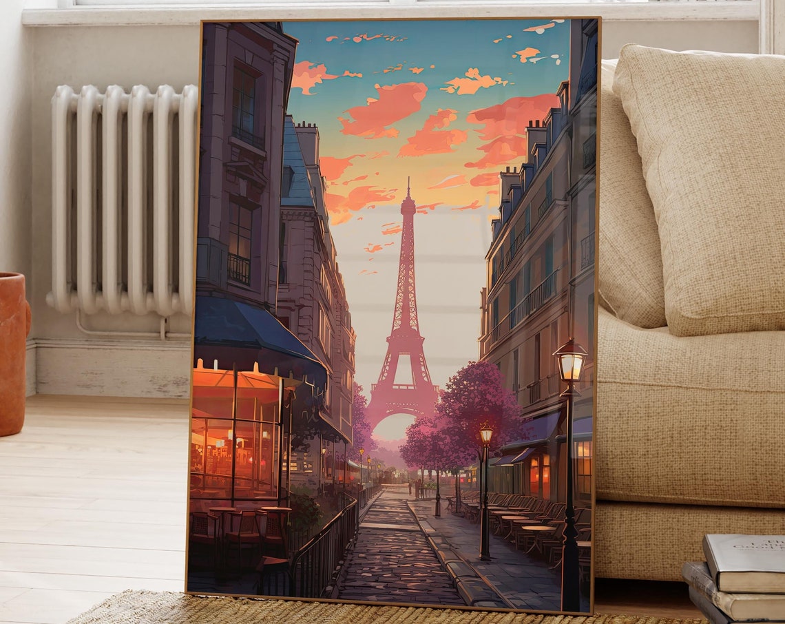 Paris Eiffel Tower Anime Street Poster Pink Sky Cafes and Lamplit Road