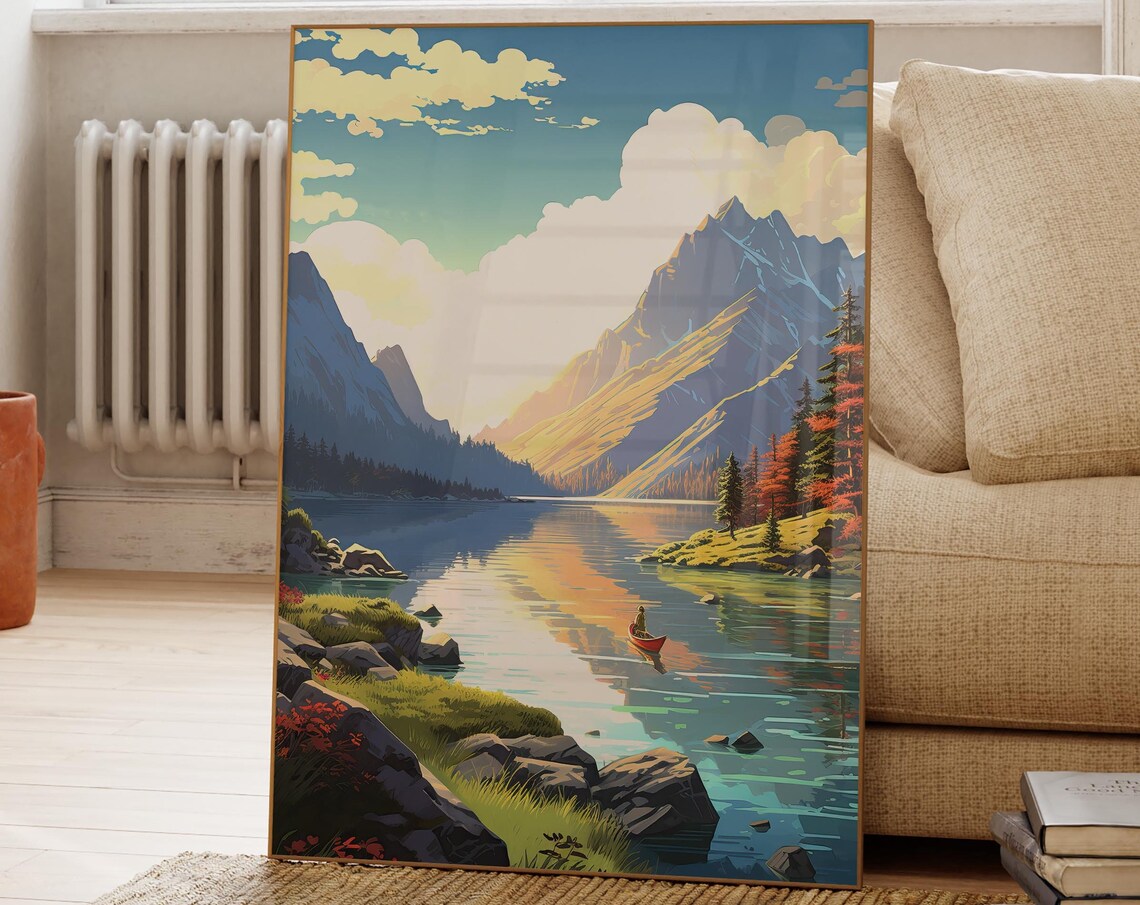 Alpine Mountain Lake Poster with Red Canoe and Sunset Reflection Art - Image 2