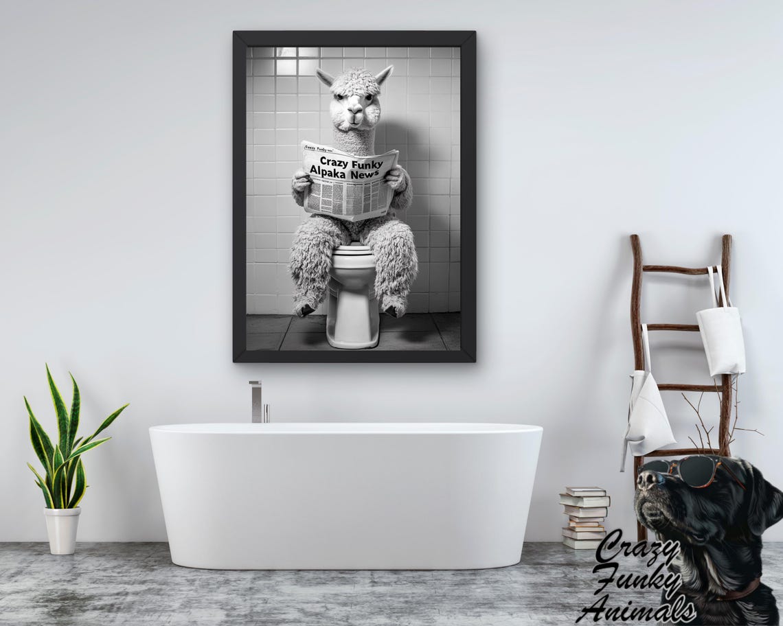Alpaca Reading a Newspaper on the Toilet Funny Bathroom Poster - Image 3