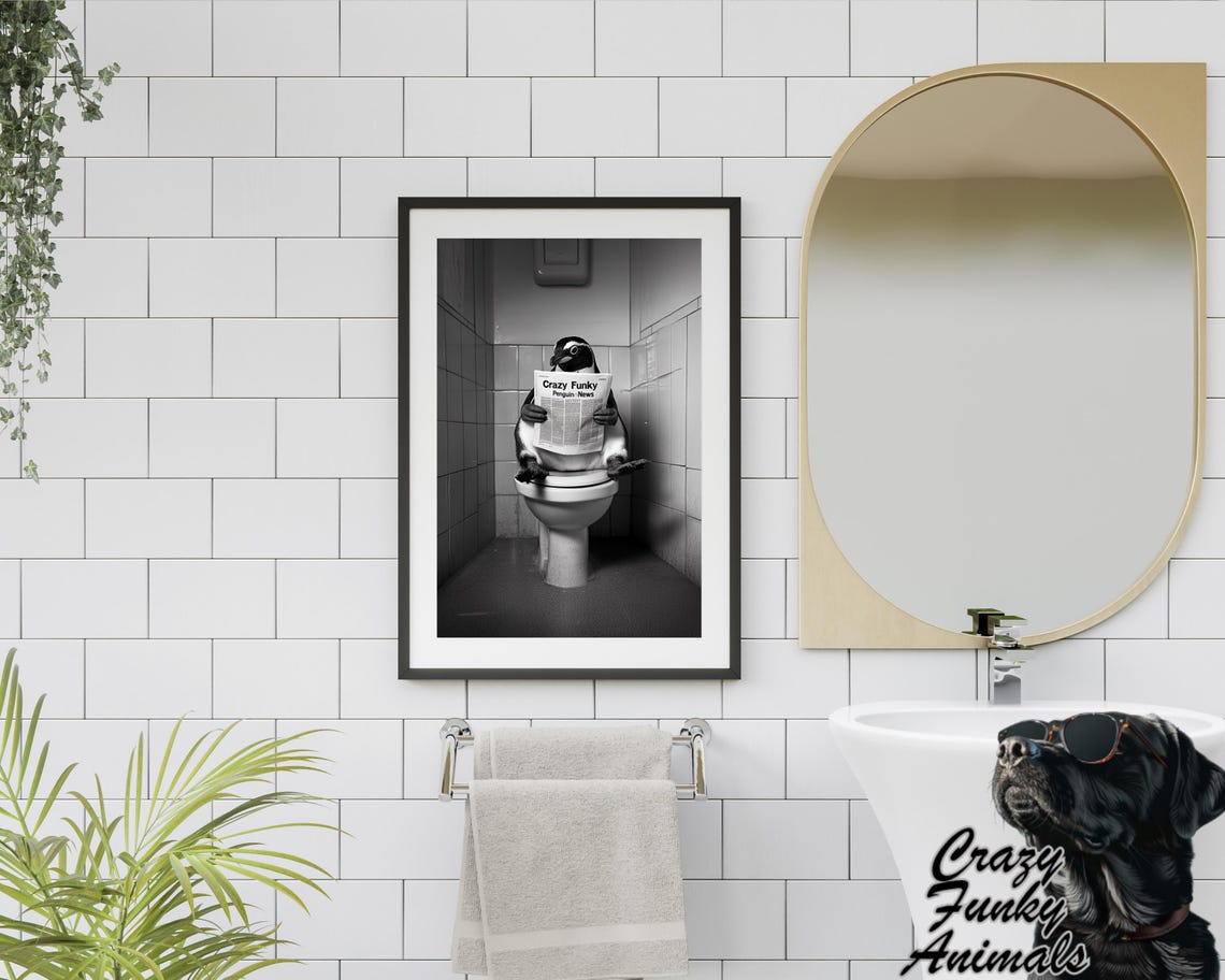 Penguin Reading a Newspaper on the Toilet Funny Bathroom Poster - Image 2