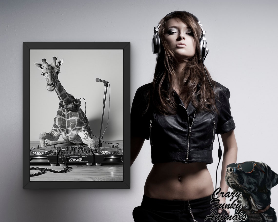 Giraffe DJ at Turntables With a Microphone Funny Music Poster - Image 3