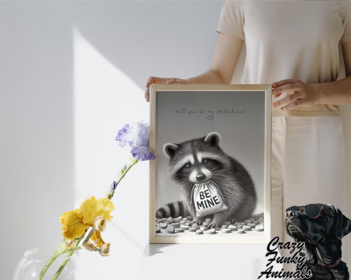 Raccoon with Be Mine Bag and Candy Hearts Valentine Funny Poster - Image 3