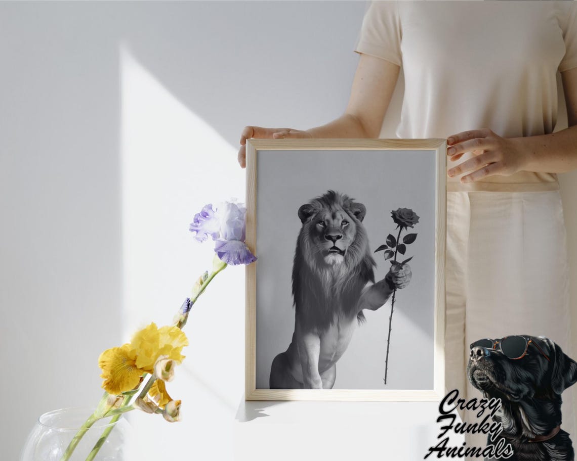 Lion Holding a Dark Rose Elegant Romantic Black and White Poster - Image 3