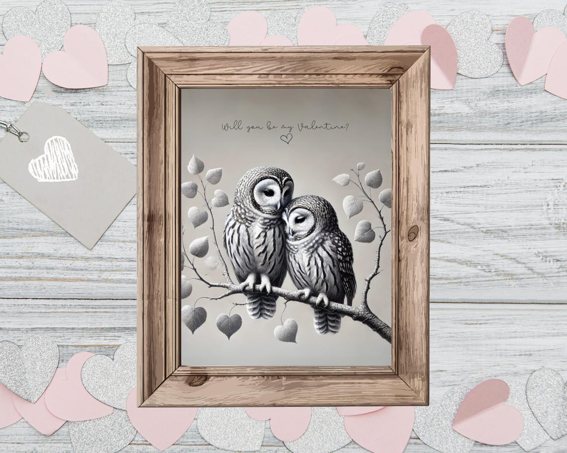 Two Owls Snuggling on a Branch with Heart Leaves Funny Poster