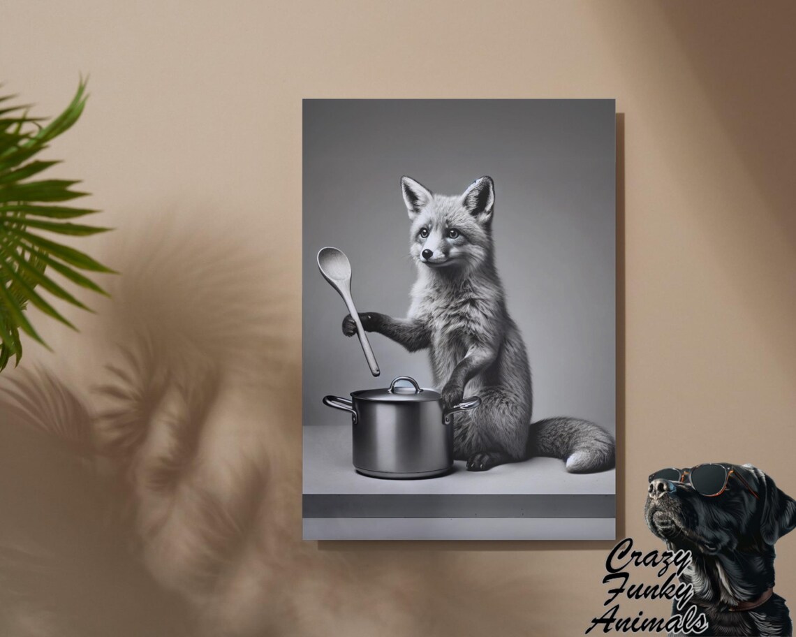 Fox Stirring a Pot with a Wooden Spoon Funny Kitchen Black and White Poster - Image 2
