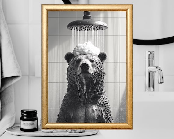 Bear Taking a Shower with Soap Foam Funny Bathroom Black and White Poster