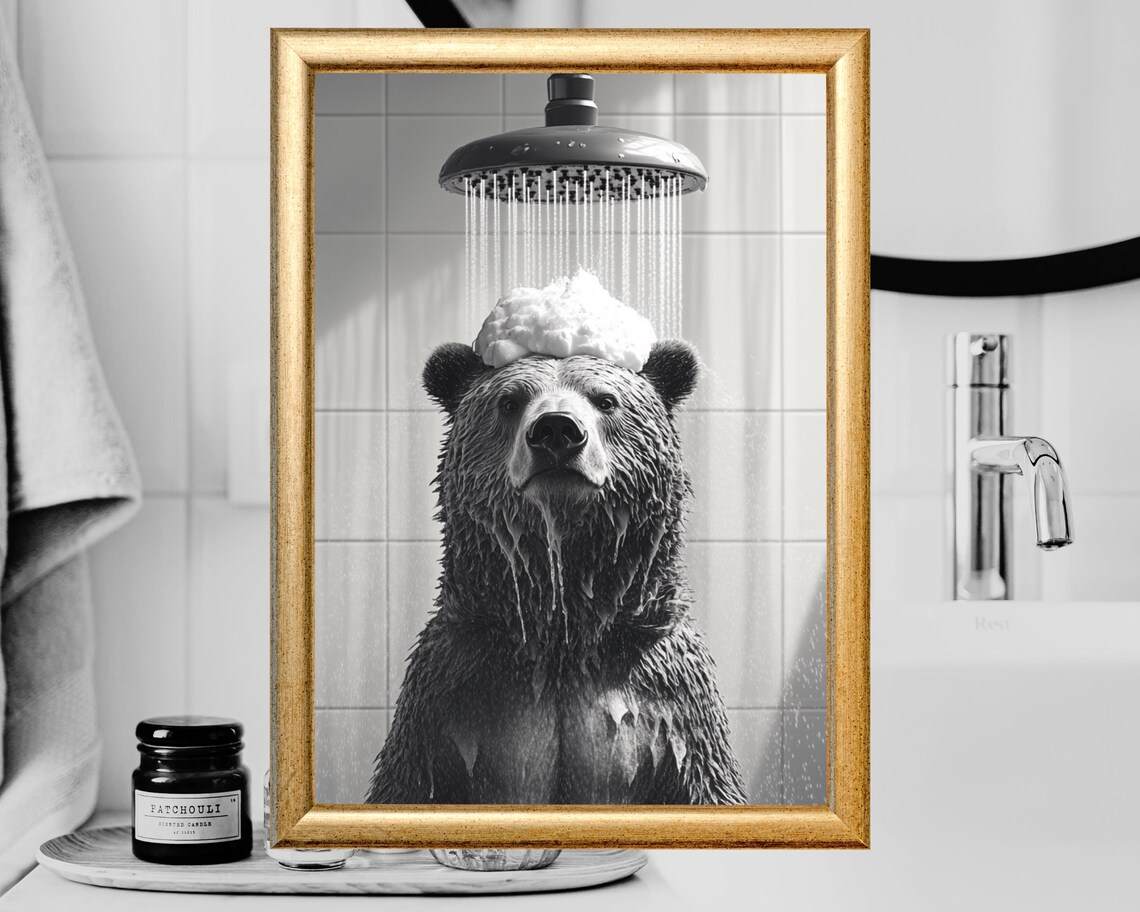 Bear Taking a Shower with Soap Foam Funny Bathroom Black and White Poster