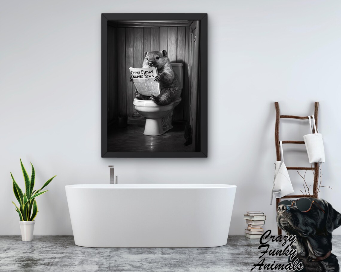 Funny Beaver Reading Newspaper on the Toilet Bathroom Humor Poster - Image 3