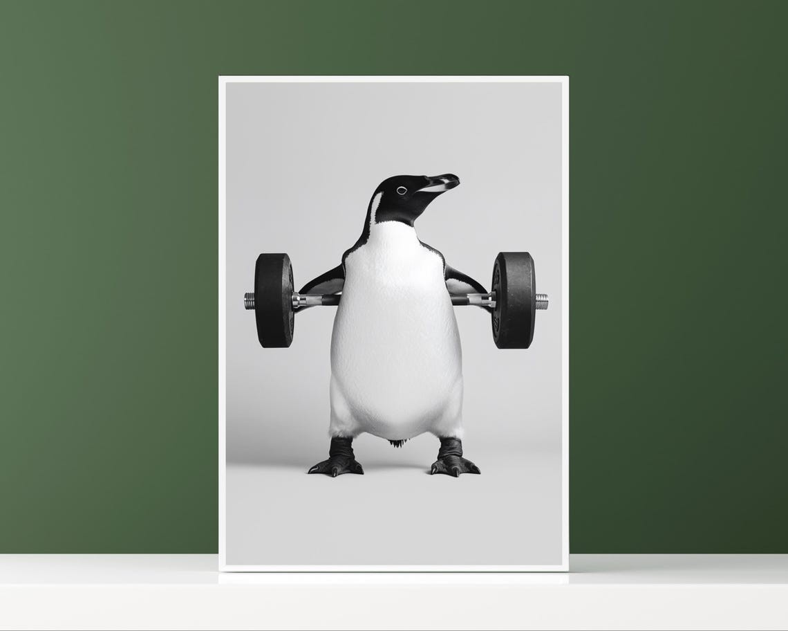 Funny Penguin Holding a Barbell Gym Workout Humorous Animal Poster - Image 2