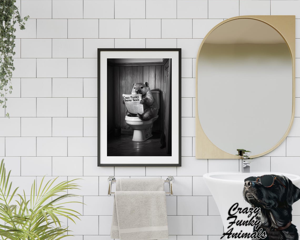 Funny Beaver Reading Newspaper on the Toilet Bathroom Humor Poster - Image 2