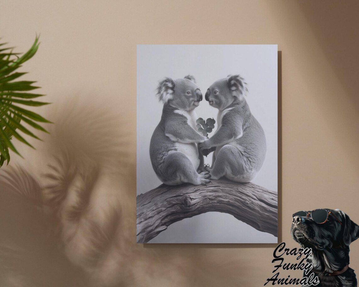 Two Loving Koalas Sitting on a Branch Romantic Black and White Poster - Image 2