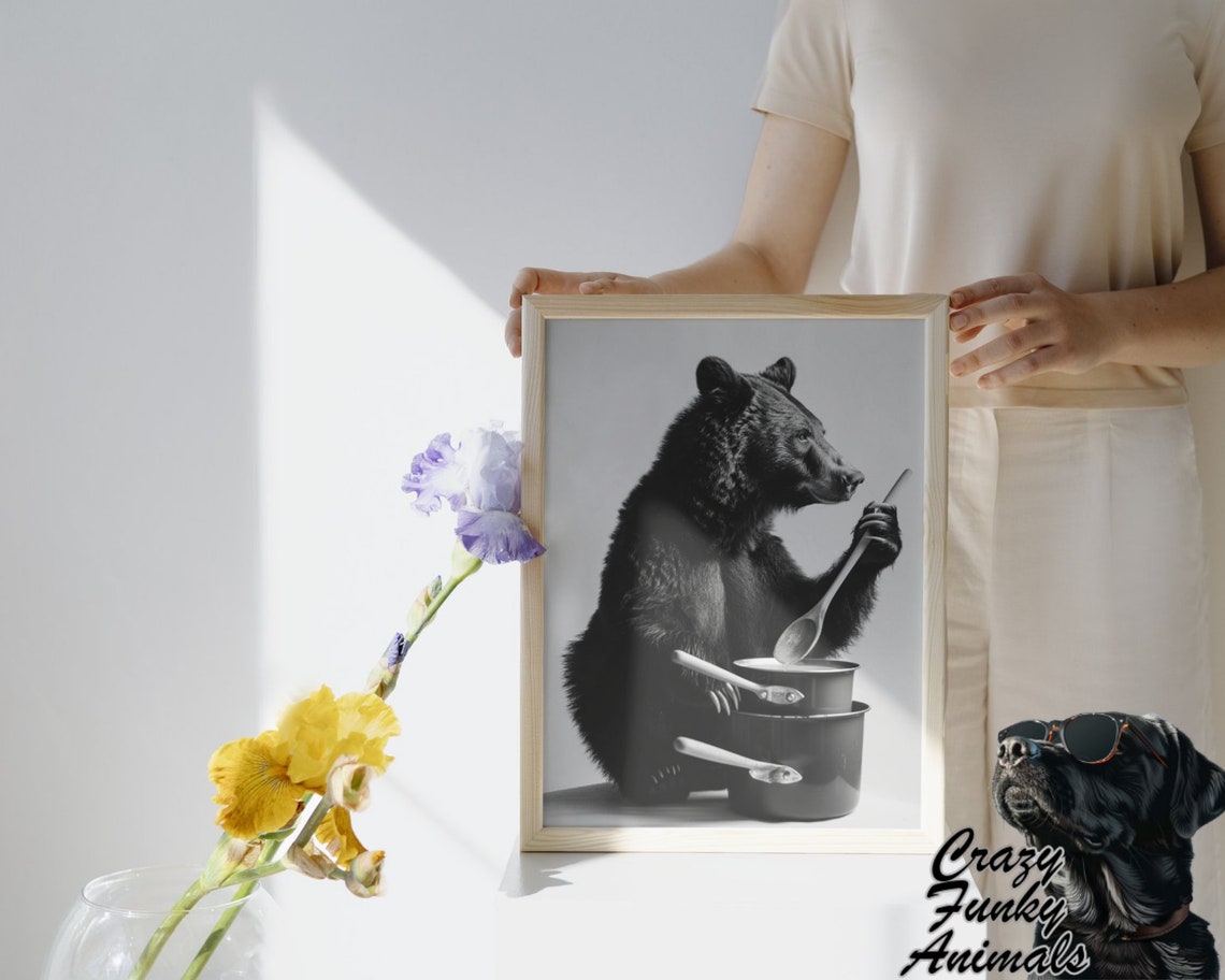 Funny Black Bear Stirring Stacked Cooking Pots Kitchen Poster - Image 3