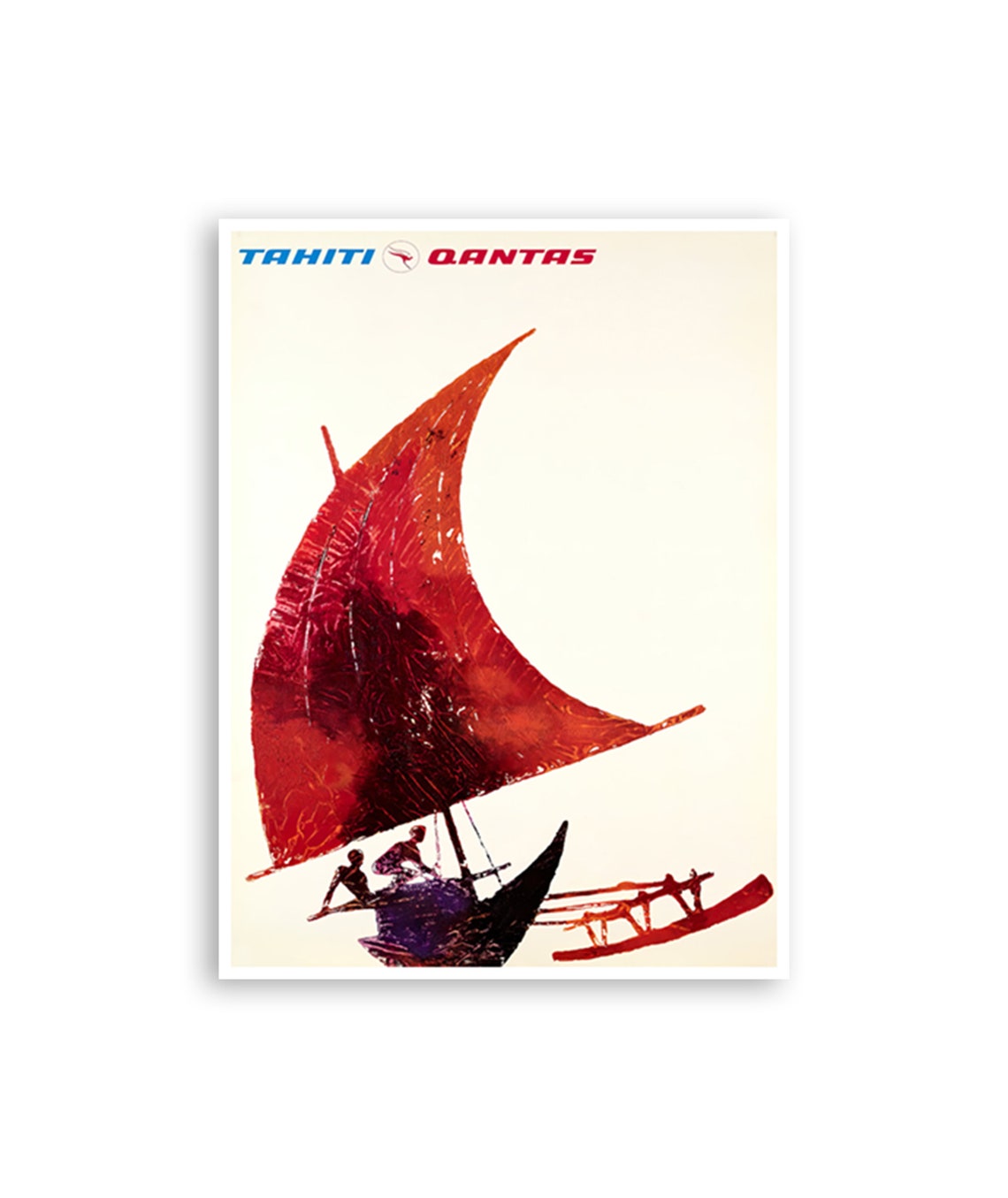 Tahiti Qantas Vintage Airline Travel Poster With Red Sailing Canoe