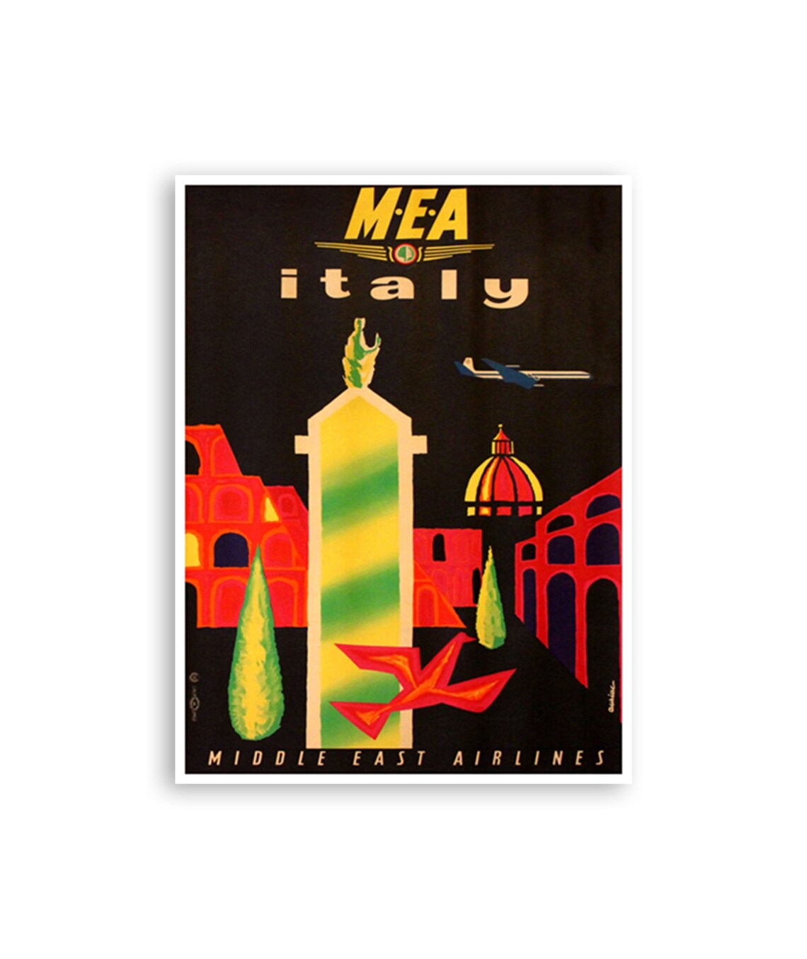 MEA Italy Middle East Airlines Vintage Landmarks Black Travel Poster