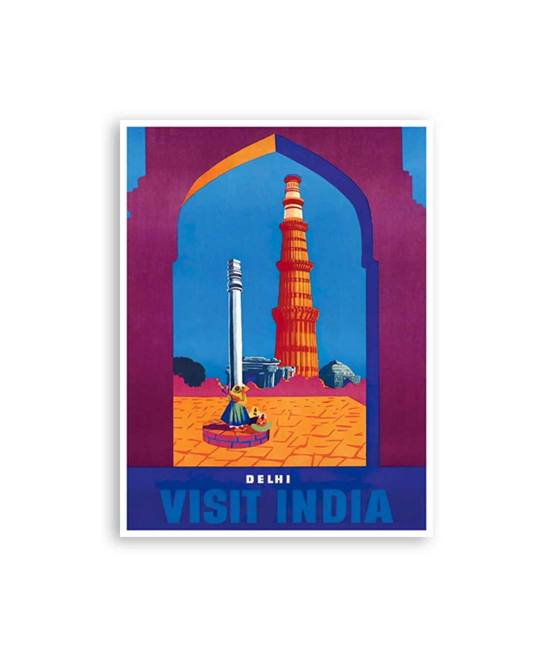 Delhi Visit India Vintage Travel Poster With Qutub Minar Landmark