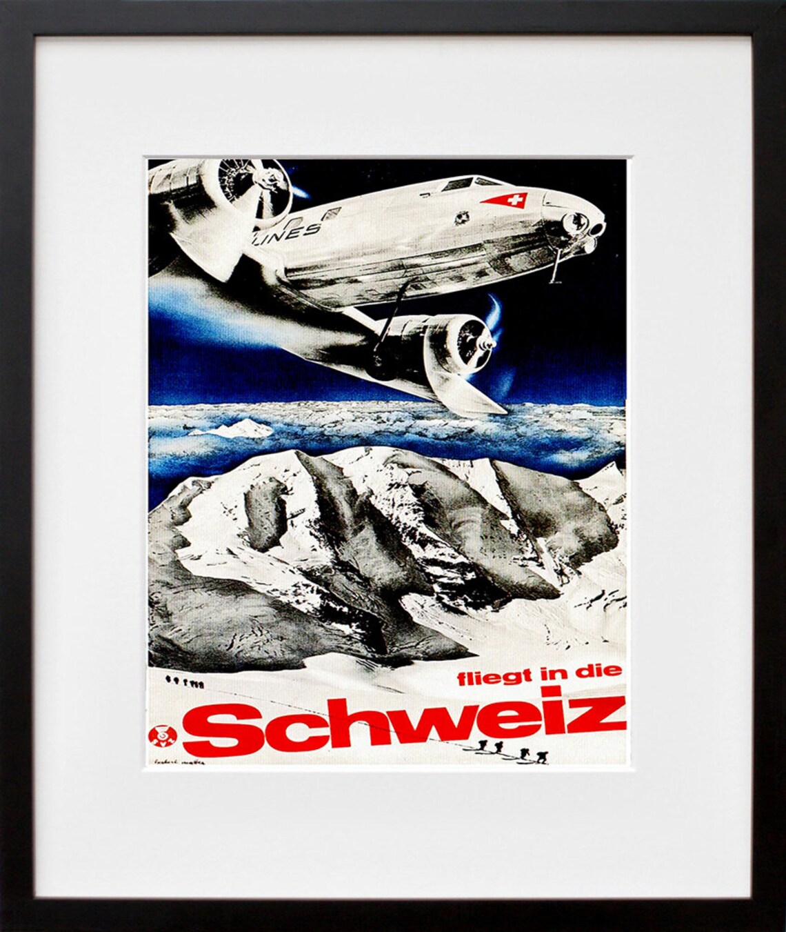 Fliegt In Die Schweiz Plane Over Snowy Alps Vintage Travel Poster
