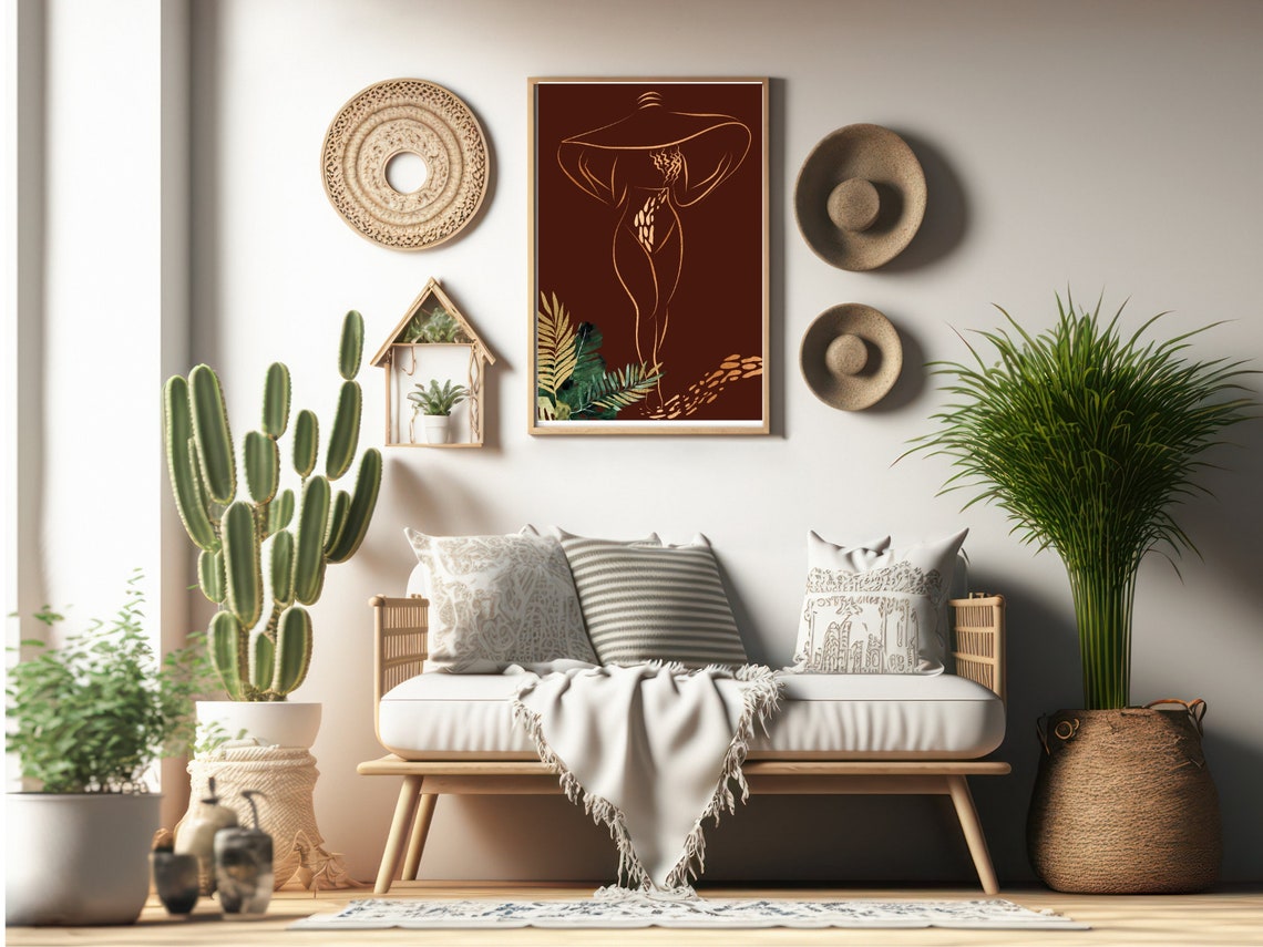 Gold Line Art Woman Wide Hat Tropical Leaves Chic Boho Art Print - Image 3