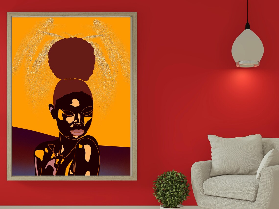 Bold Afro Woman Golden Sunset Orange Glitter Modern Art Poster - Image 2