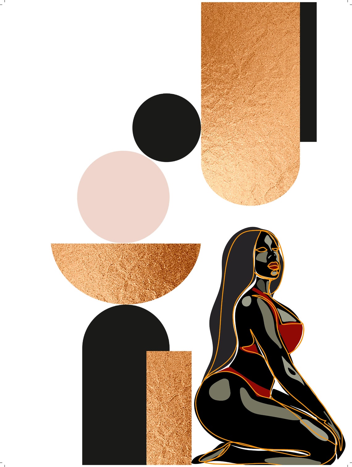 Gold Geometric Woman Abstract Sitting Figure Modern Art Poster - Image 2