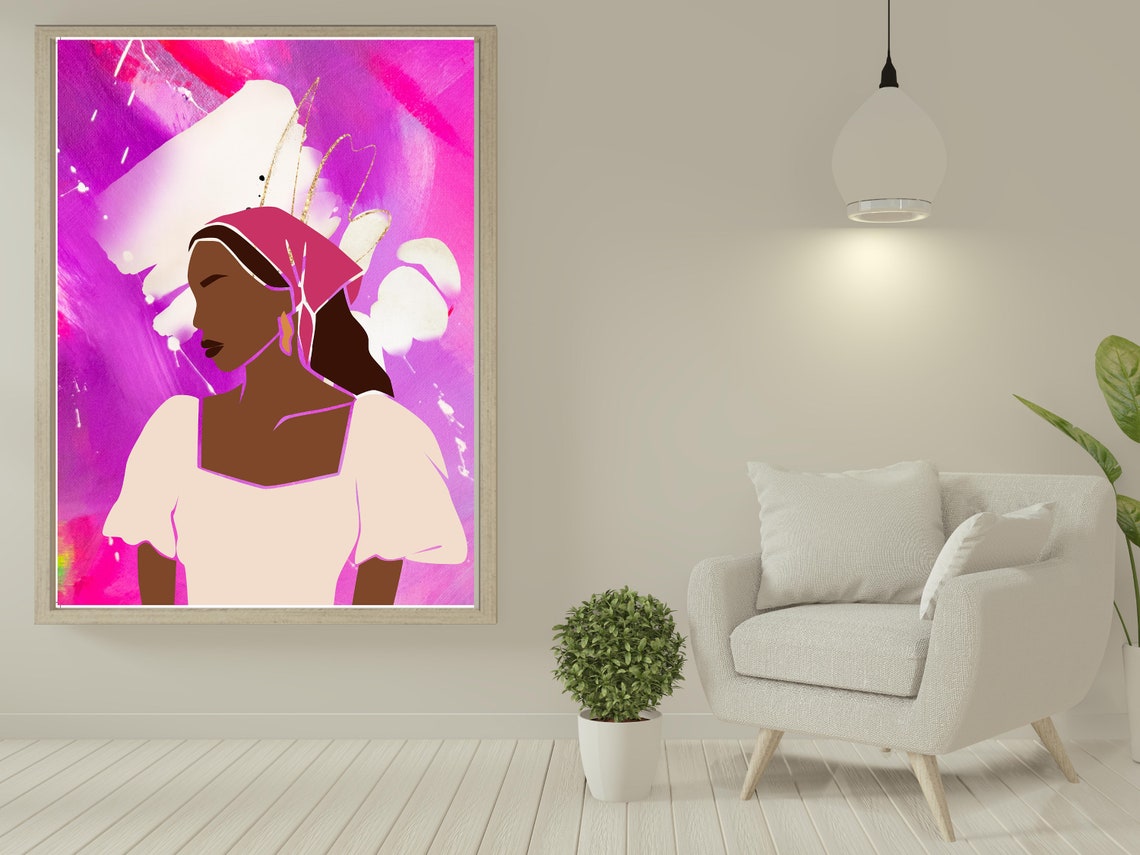 Bold Pink Headwrap Woman White Dress Magenta Abstract Art Poster - Image 4