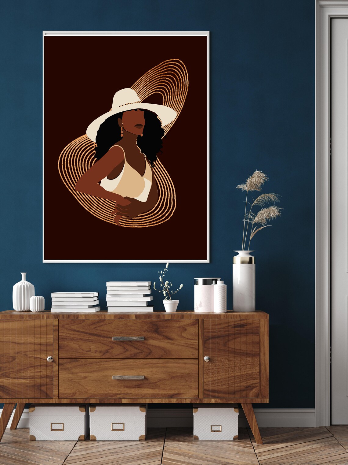 Elegant Woman Sun Hat Swimsuit Gold Swirls Dark Brown Art Poster - Image 2