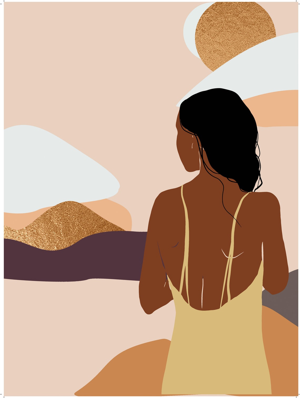 Woman From Behind Yellow Dress Desert Landscape View Art Poster - Image 2