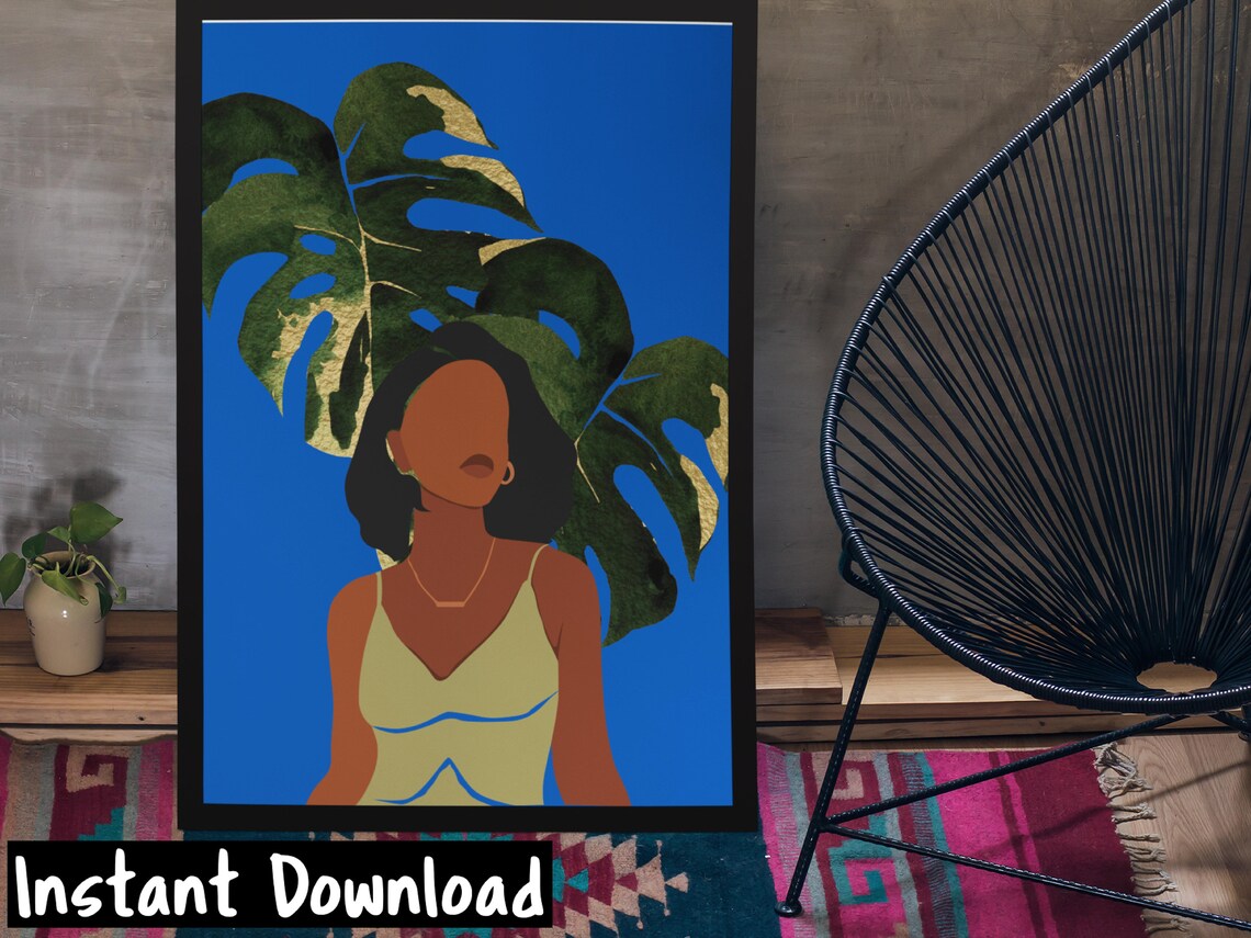 Bold Woman Monstera Leaves Gold Cobalt Blue Tropical Art Poster - Image 2