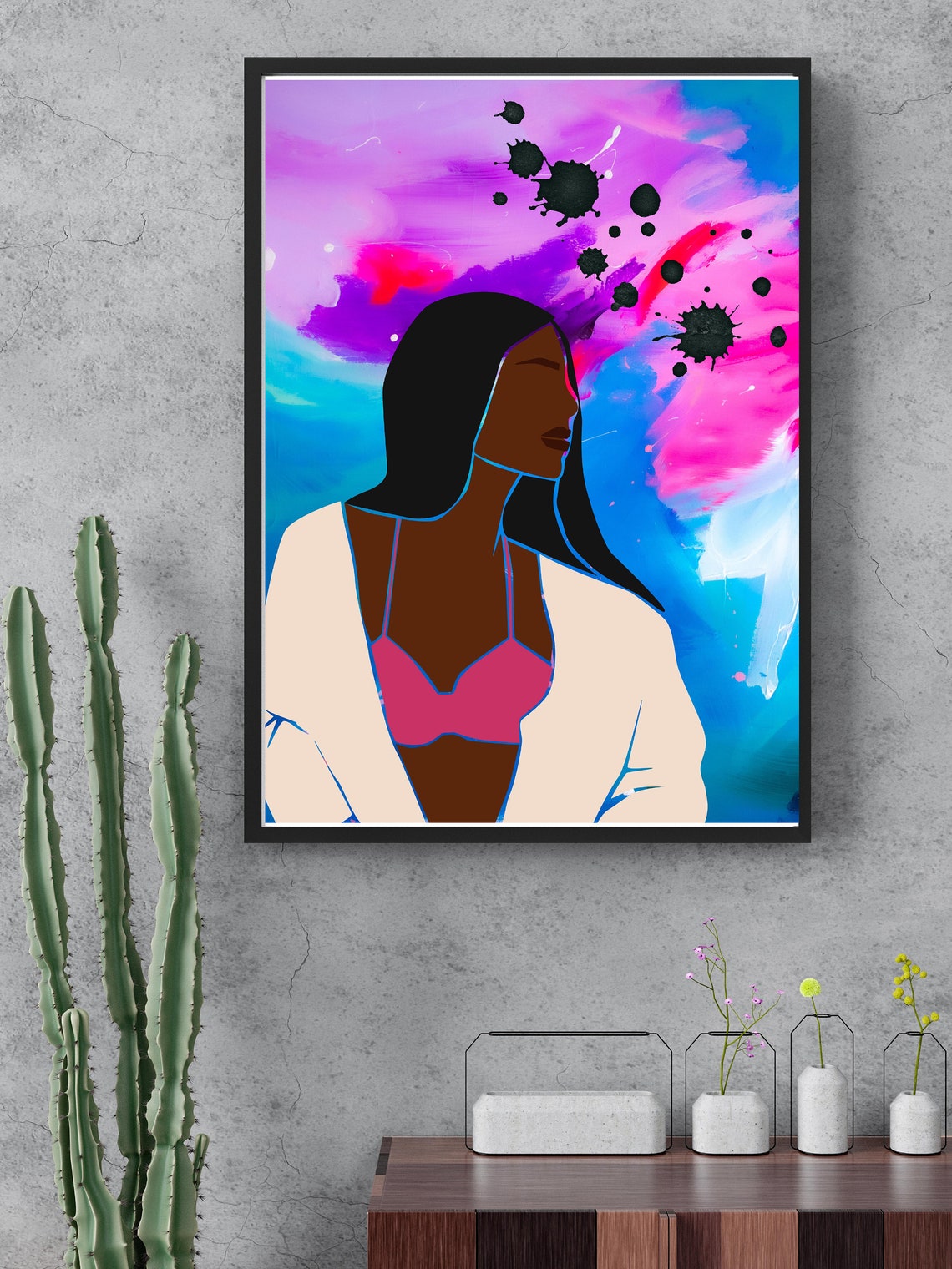 Bold Woman Pink Bra White Robe Colorful Paint Splash Art Poster - Image 4