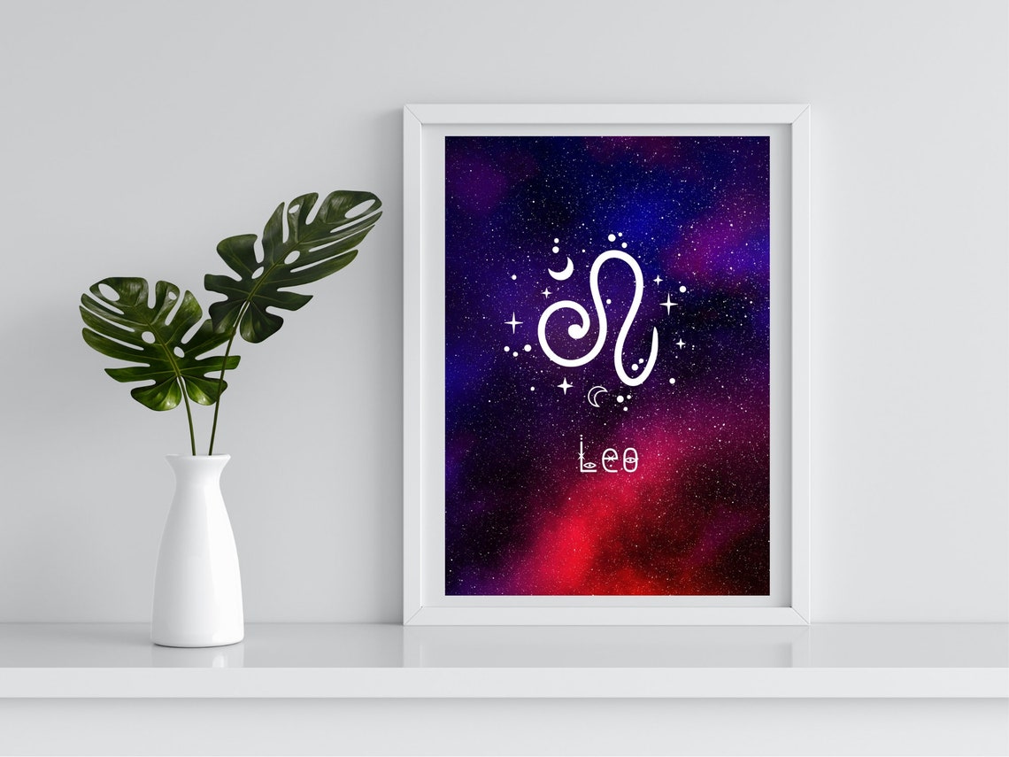Leo Zodiac Symbol Purple Red Starry Night Sky Astrology Art Print - Image 4