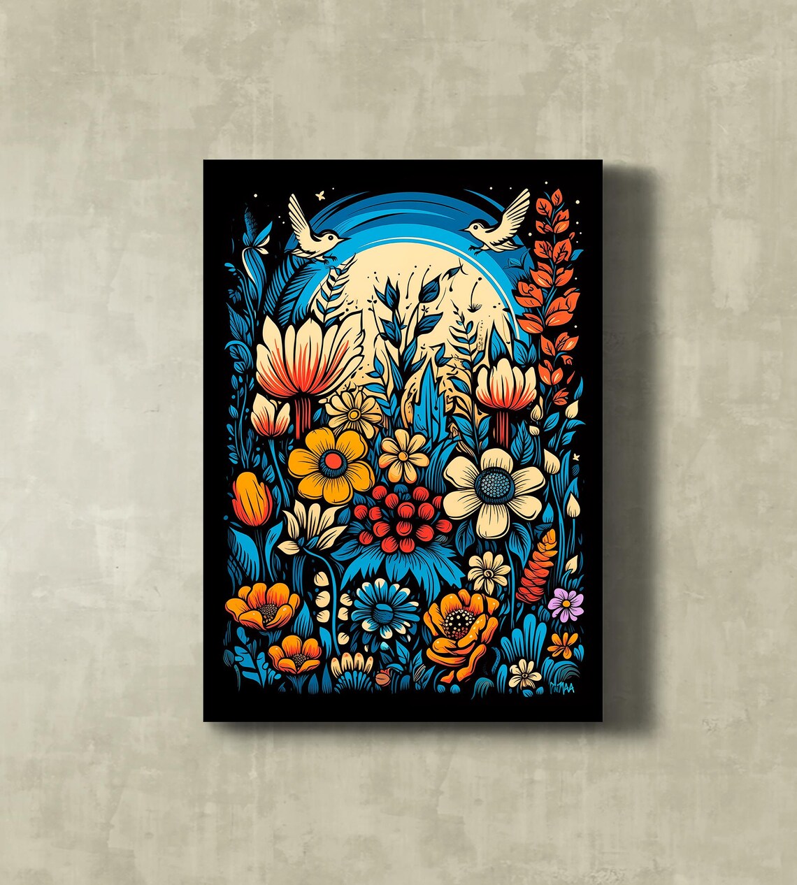 Moonlit Wildflowers Folk Art Birds and Blooms Painting Poster