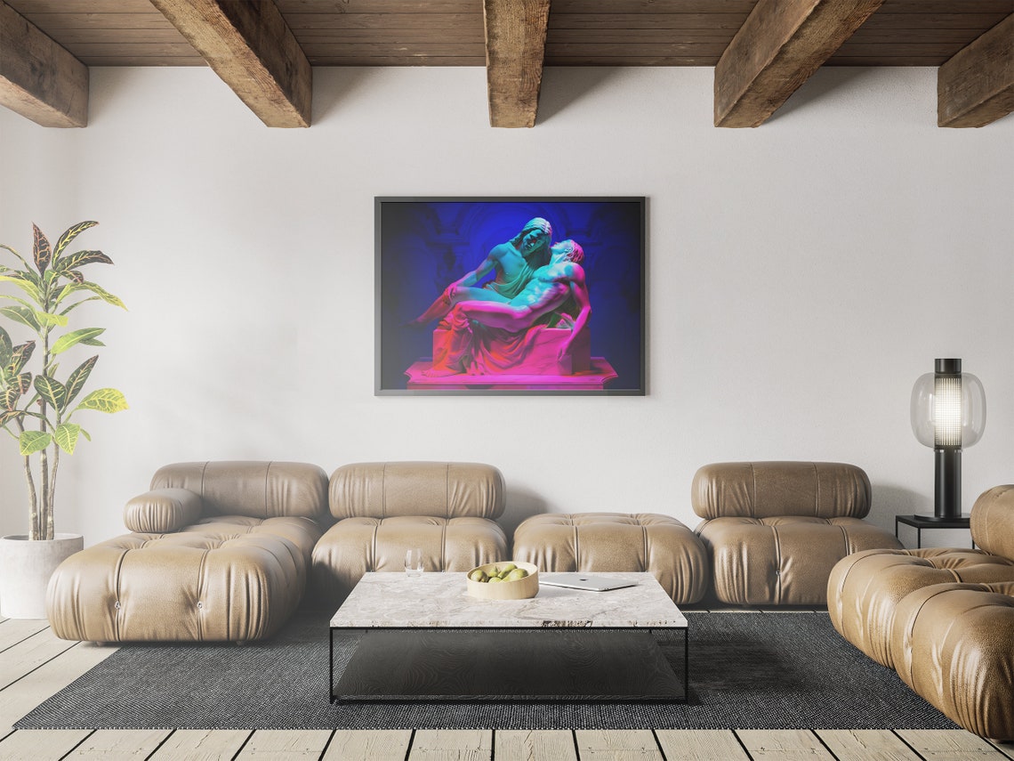 Divine Radiance Colorful Neon Michelangelos Pieta Wall Art Print Renaissance Home Dcor Classical Art - Image 7