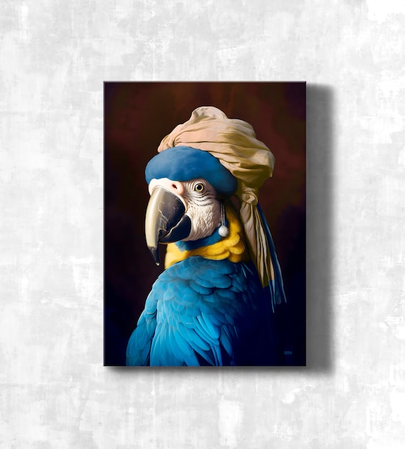 Blue and Yellow Macaw Parrot with Pearl Earring Turban Portrait Poster