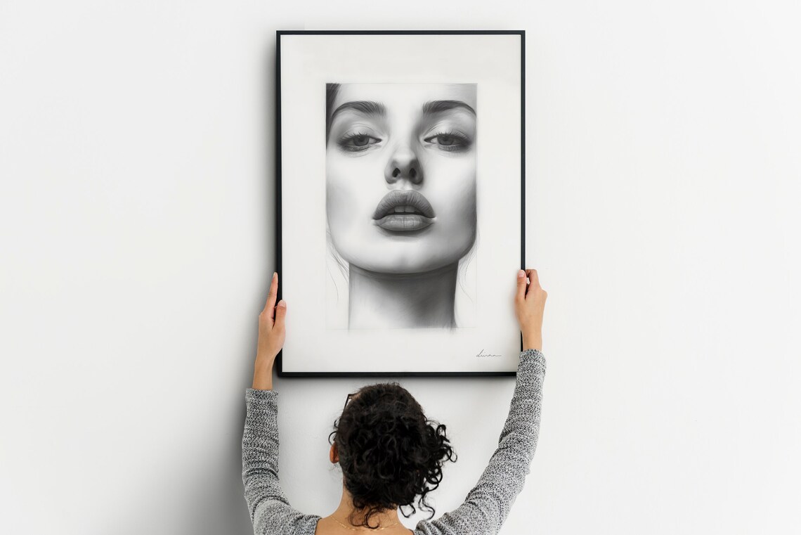 Pencil Sketch Portrait of a Beautiful Woman Black and White Art Poster - Image 3