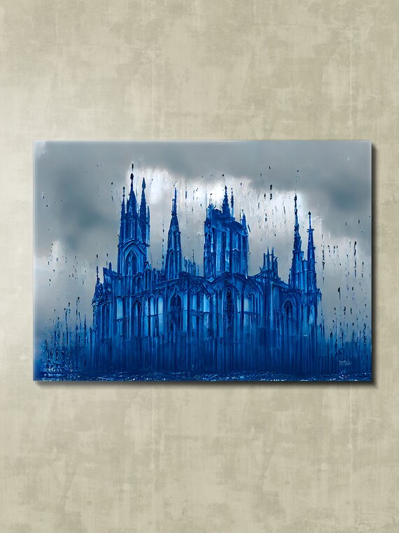 Gothic Cathedral in Blue Rain Stormy Architecture Art Poster