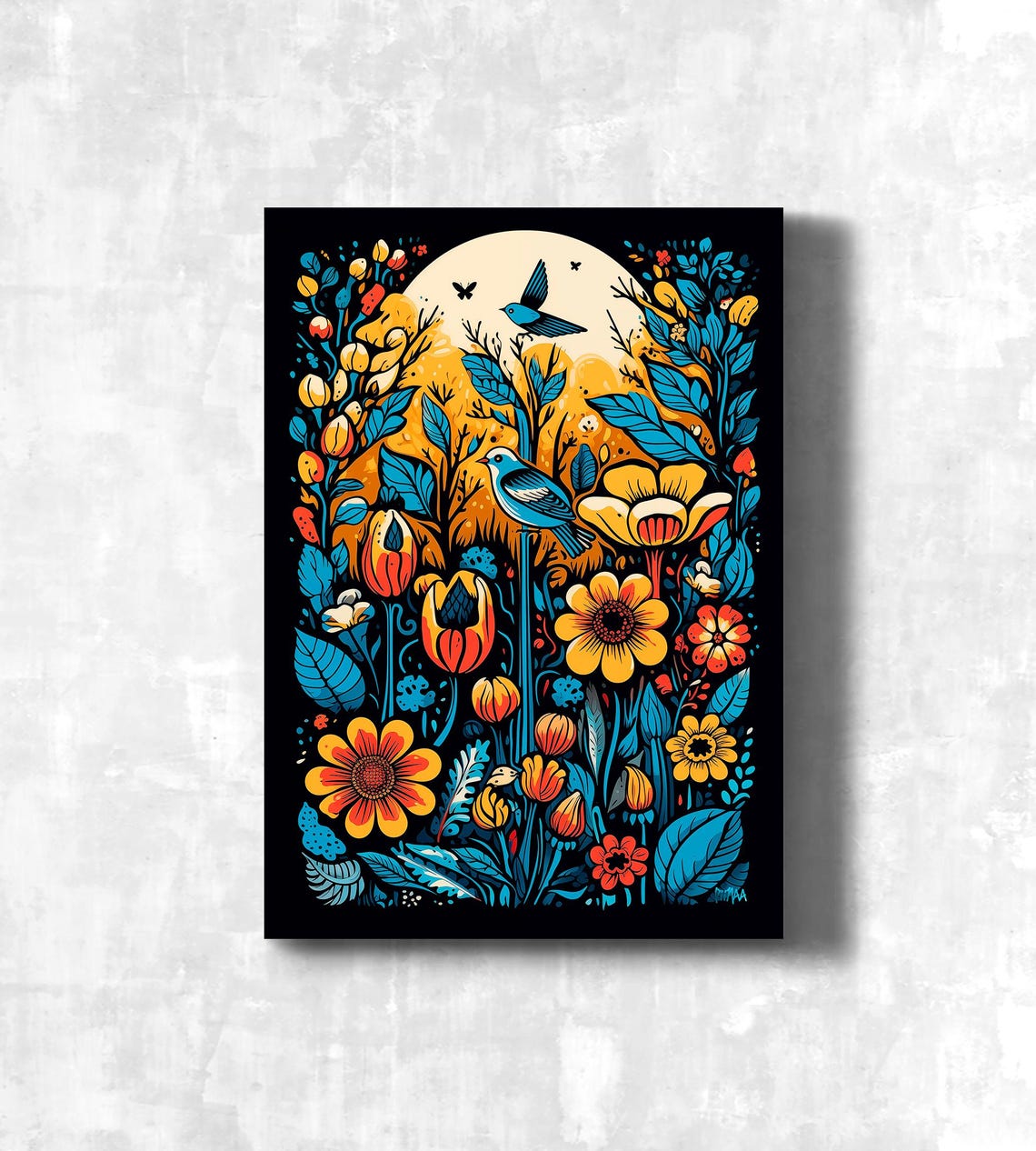 Moonlit Garden Woodcut Floral Art with Blue Birds Bold Poster