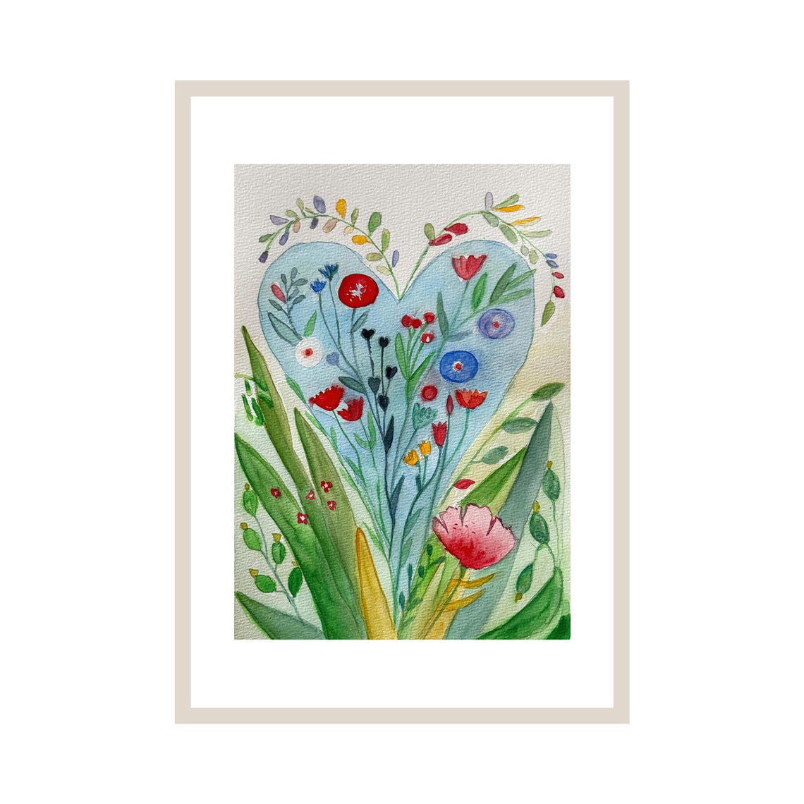 Floral Heart Watercolor Print Folk Botanical Wall Art For Kitchen Or Nursery