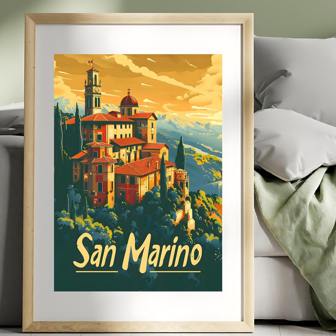 San Marino Vintage Travel Poster Hilltop Town At Golden Sunset