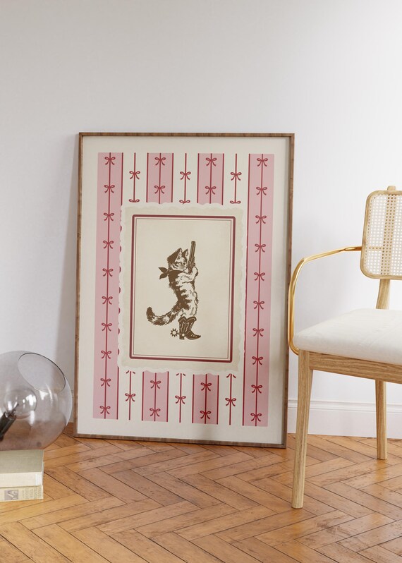 A Cowgirl Cat With Revolver And Cowboy Boot Pink Bows Poster