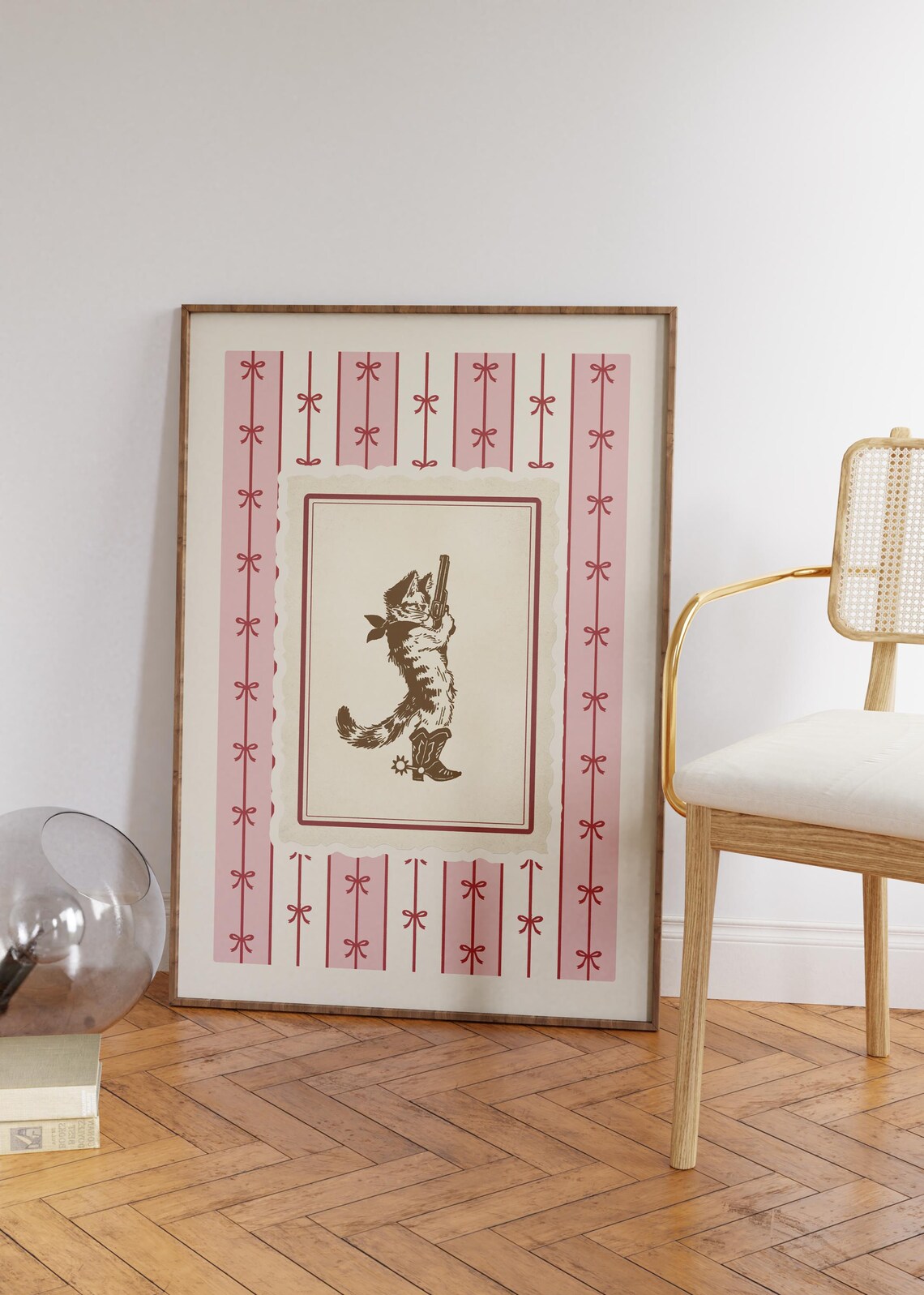 A Cowgirl Cat With Revolver And Cowboy Boot Pink Bows Poster