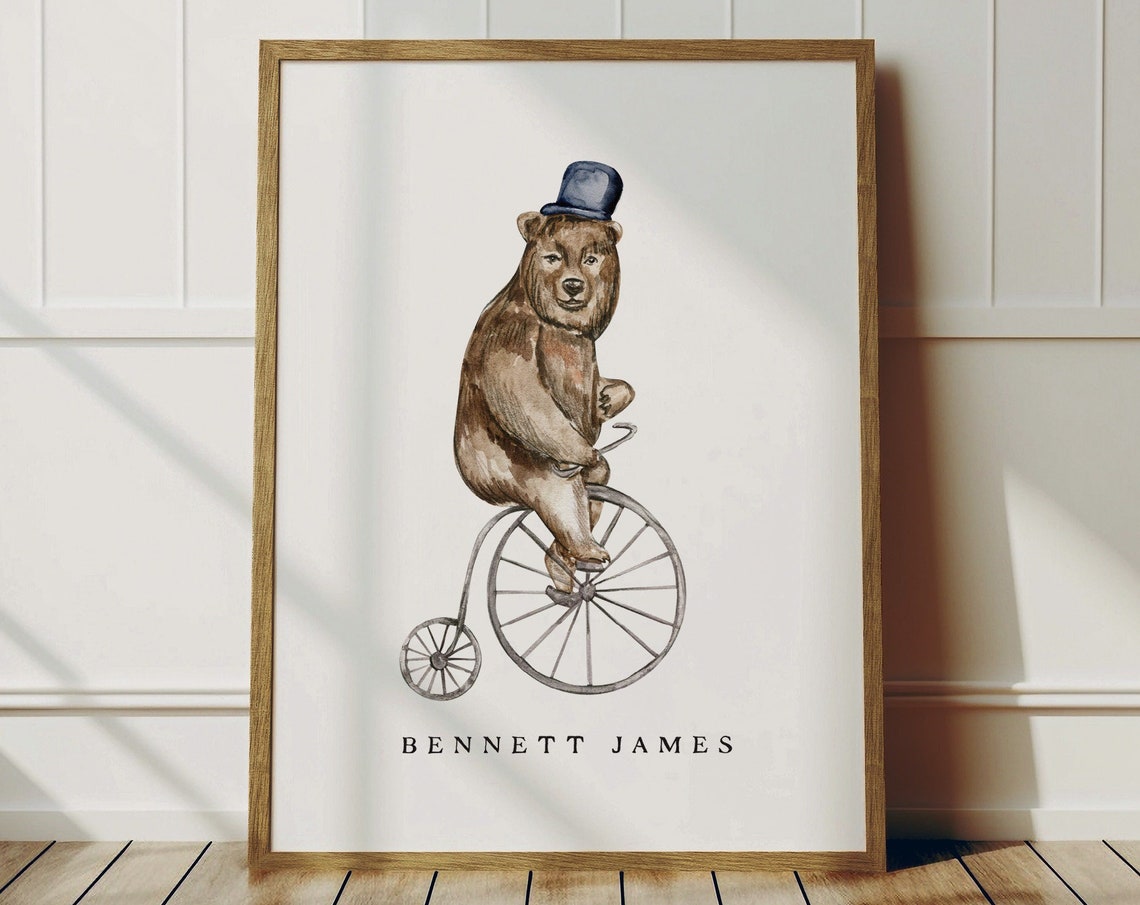 Bear Riding Penny Farthing Custom Baby Boy Name Nursery Poster