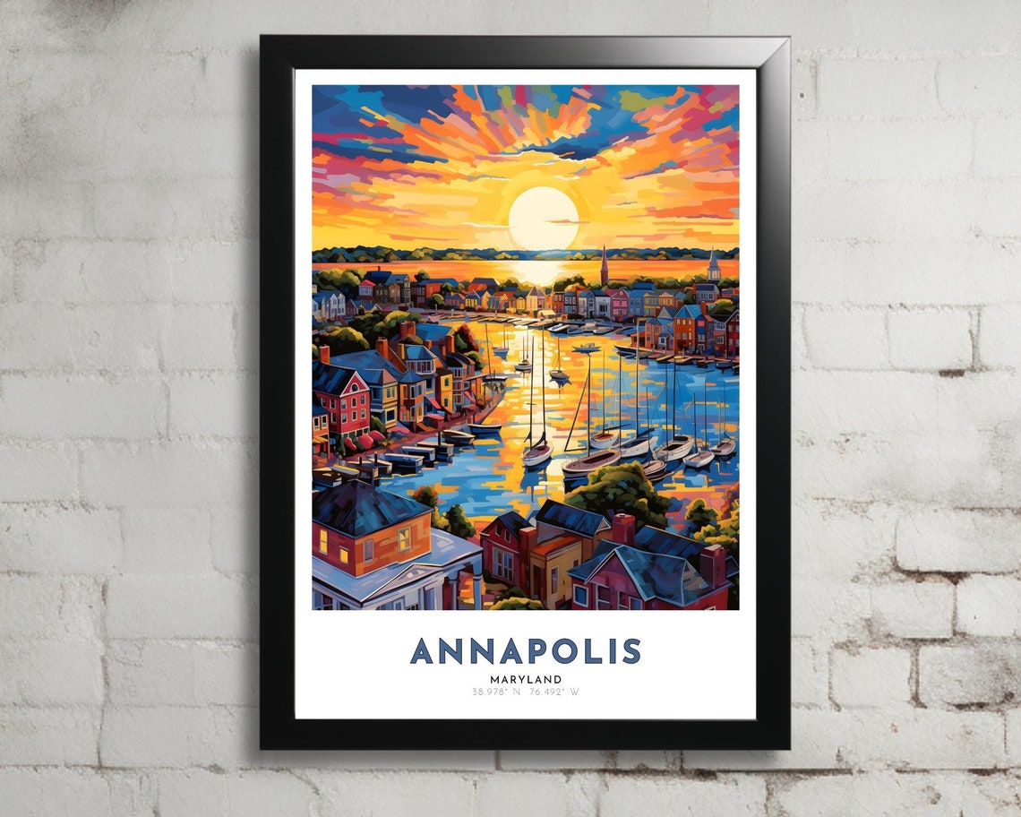 Annapolis Maryland Harbor Sailboats Golden Sunset Travel Poster
