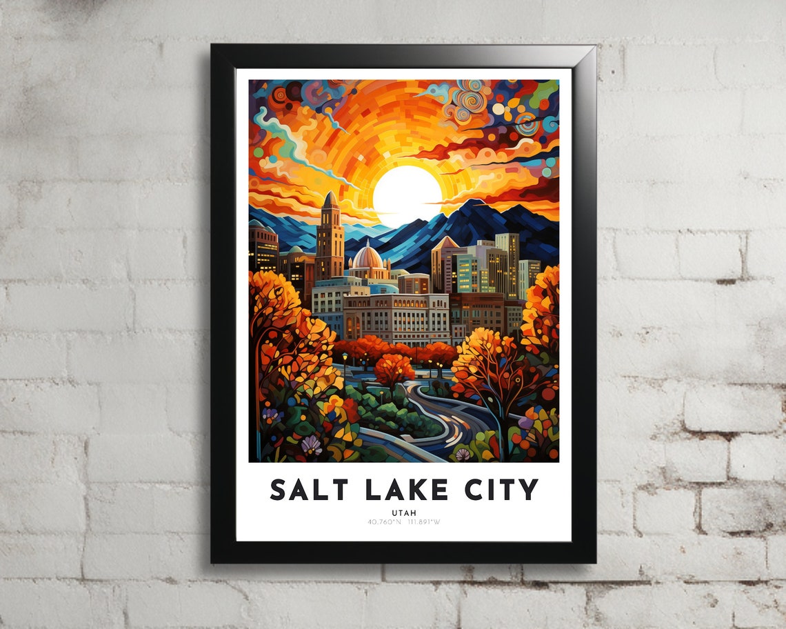 Salt Lake City Travel Poster Of Utah Art Nouveau Gift For Lover Of Utah Wall Art Decor Of Great Salt Lake Painting