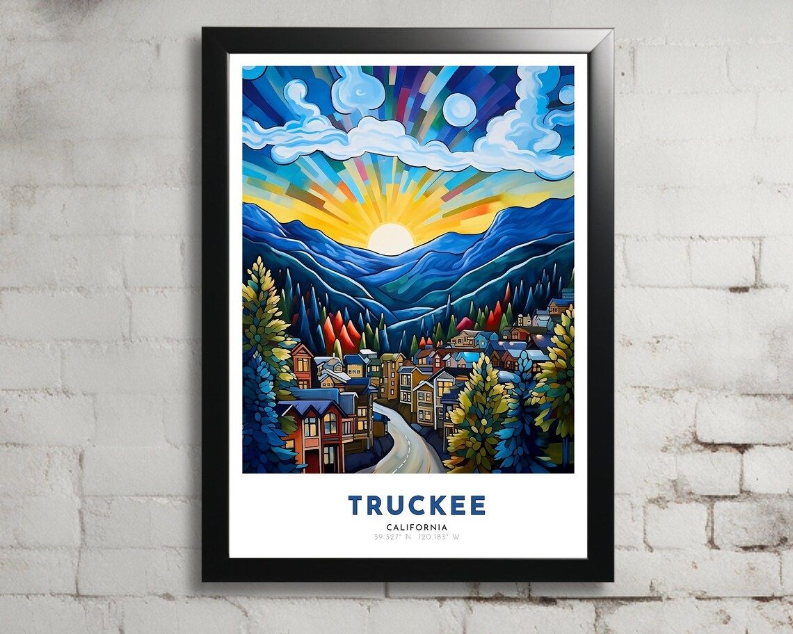 Truckee California Sunrise Mountain Town Colorful Travel Poster