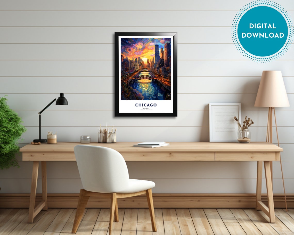Chicago Illinois River Bridges Colorful Impressionist Poster - Image 2