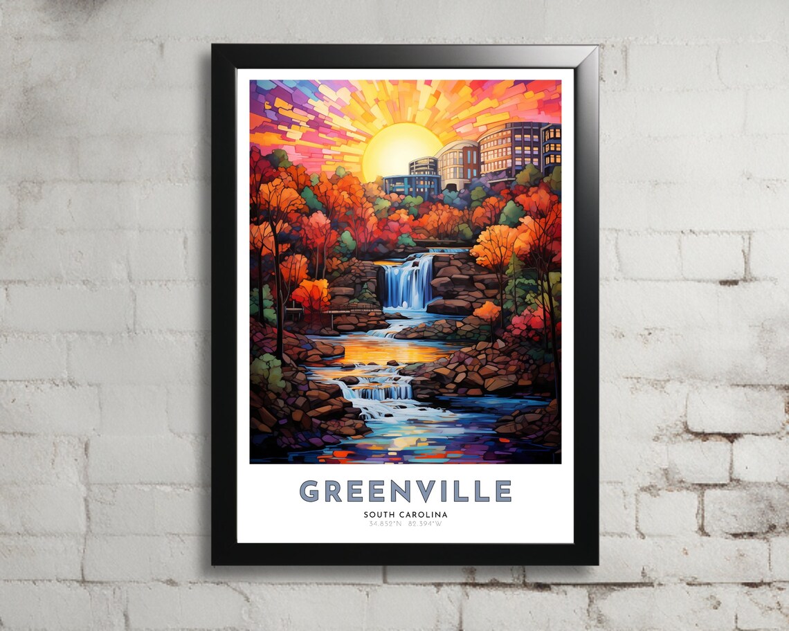 Greenville South Carolina Downtown Waterfall Sunset Travel Poster