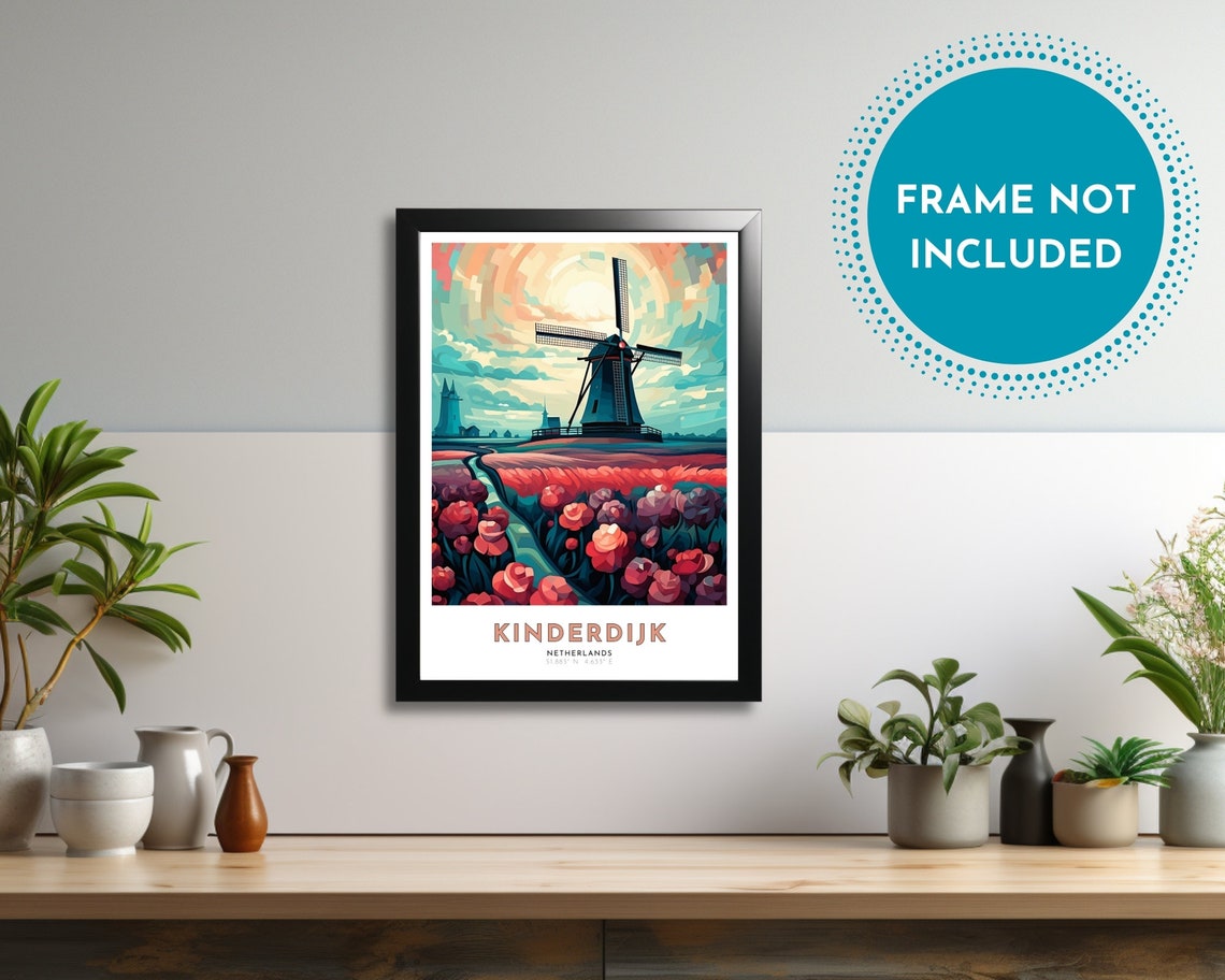 Kinderdijk Netherlands Windmill Tulip Fields Sunset Travel Poster - Image 2
