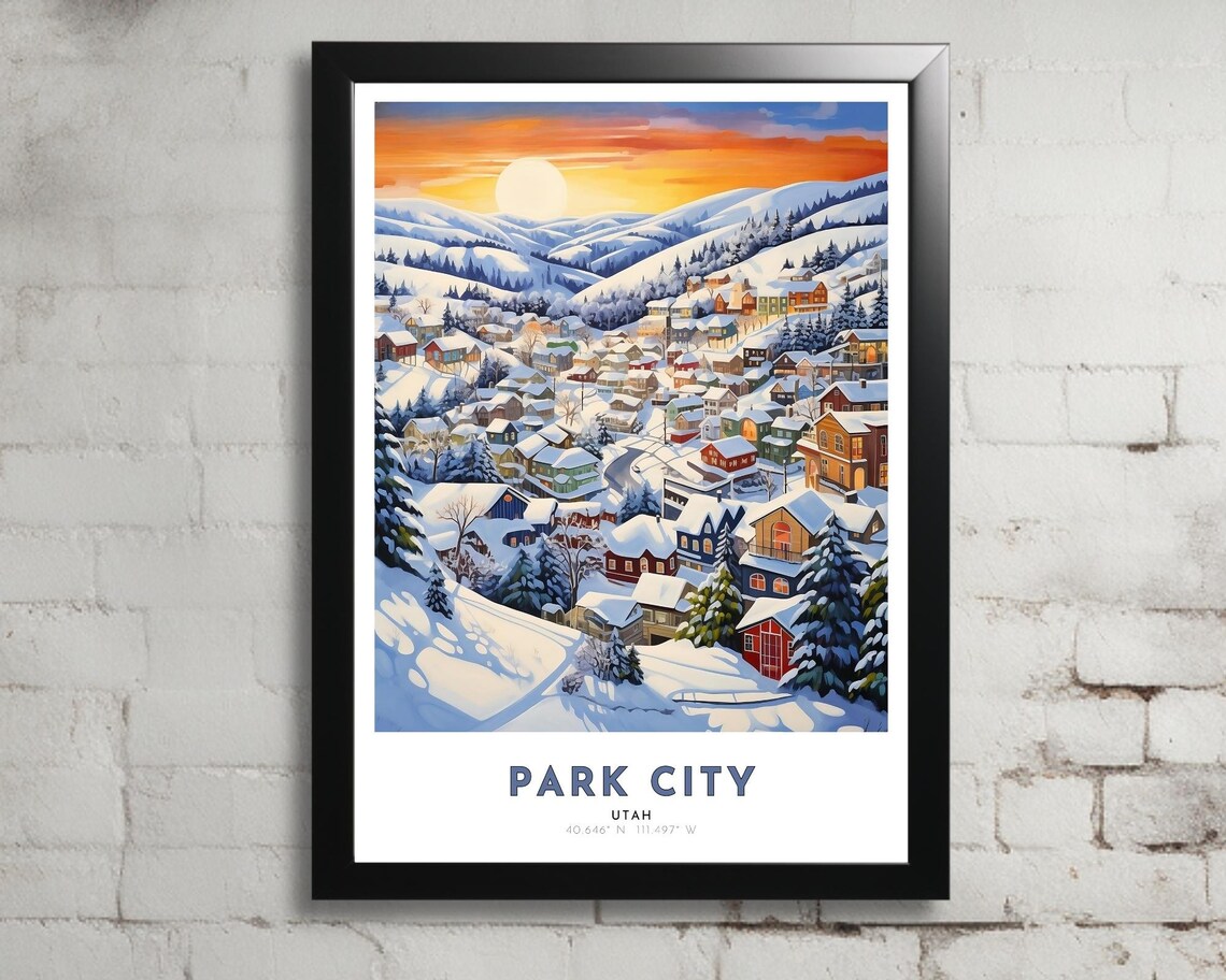 Park City Utah Snowy Mountain Village Sunrise Scene Travel Poster
